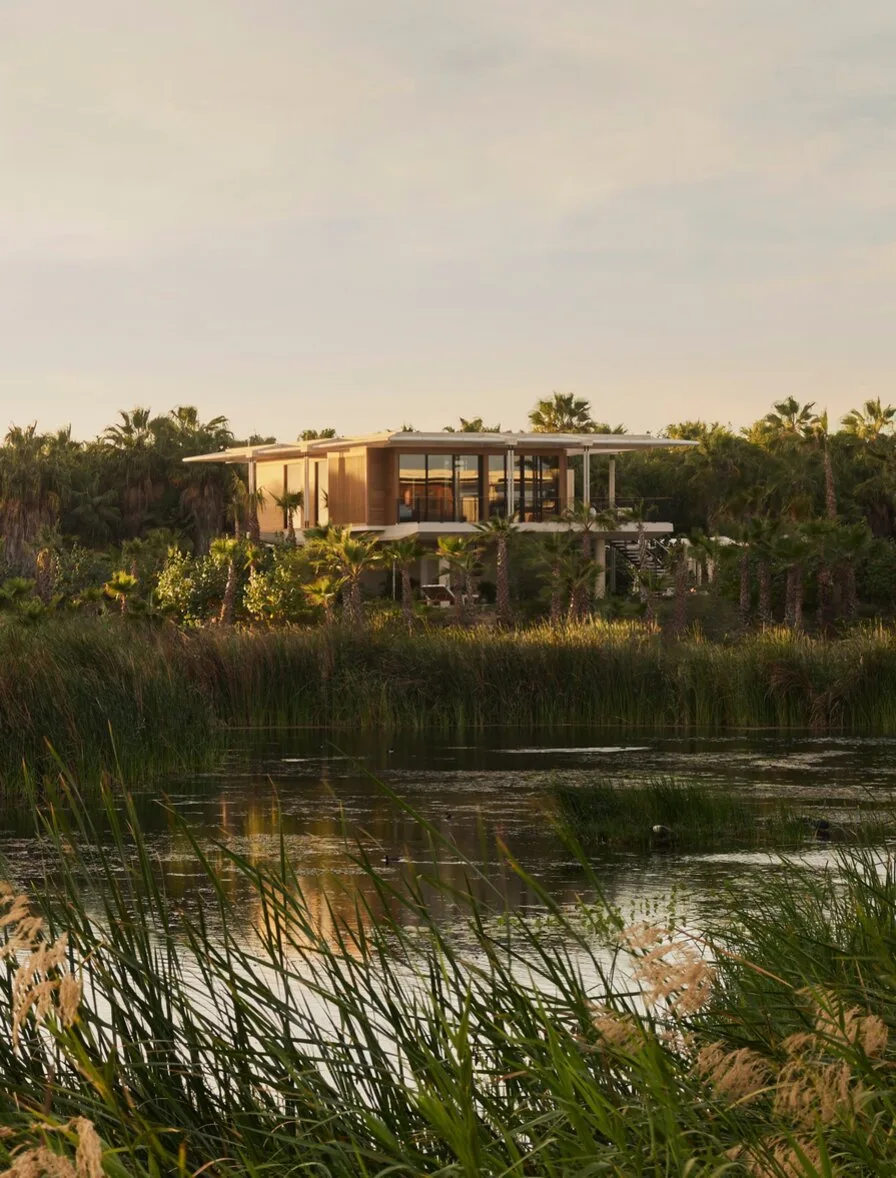 Elevated casita at Amanvari overlooking wetlands at sunset, Mexico.