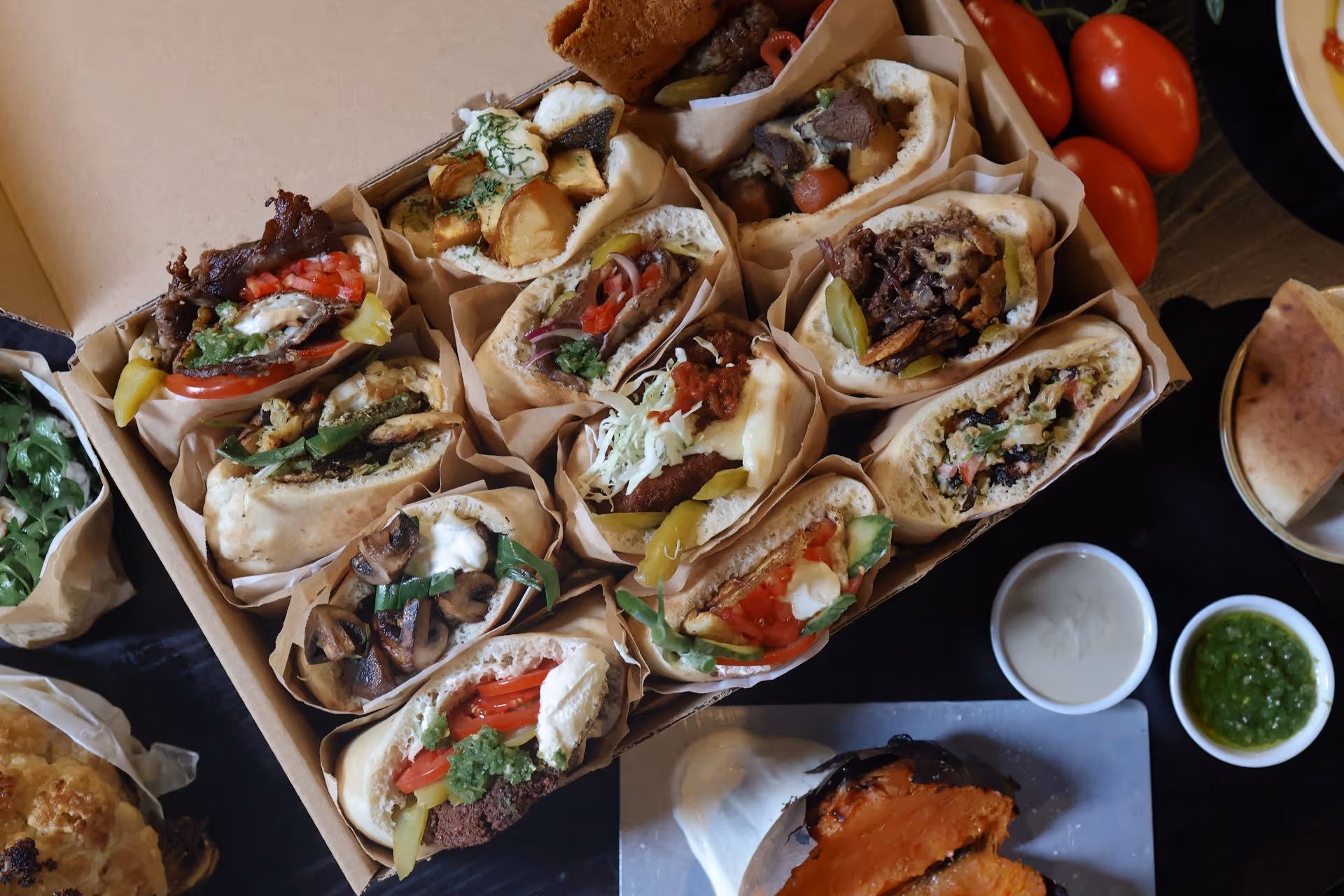 Miznon catering platter with assorted pita sandwiches and dips